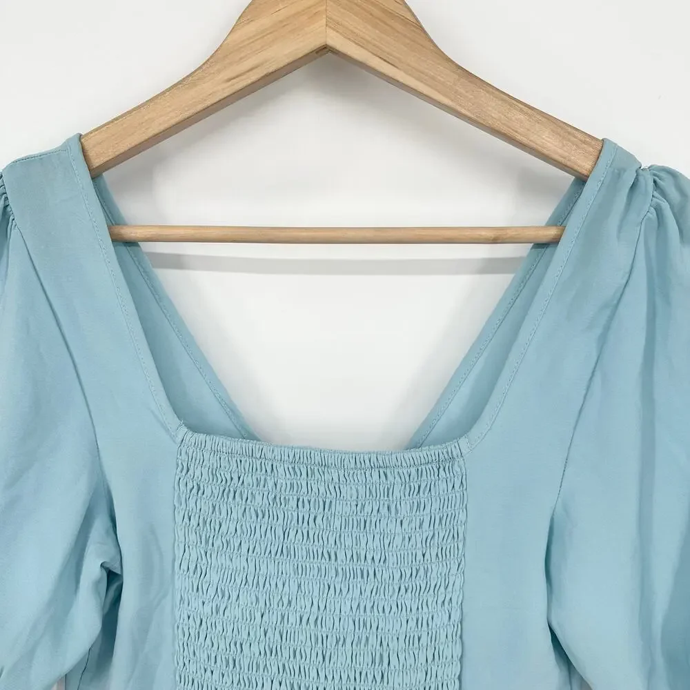Abercrombie & Fitch Cinch Front Puff Sleeve Top V-Neck Ruffle Smocked Blouse